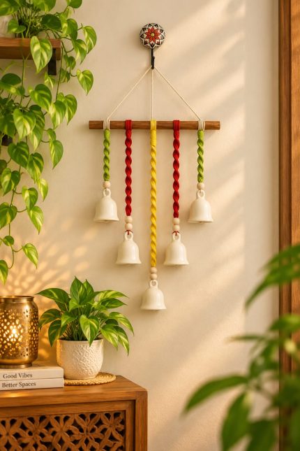PunyaChakra® 5 Bells Handmade Wooden Wall Hanging with Decorative Hook – Multicolor Braided Ceramic Bell Hanging for Home Décor