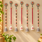 PunyaChakra Om Rangoli Harmony 5-Inch Ceramic Hanging Bell Set – Set of 7, Include Hooks