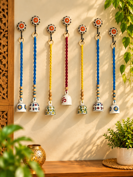 PunyaChakra Rangoli Harmony Ceramic Hanging Bell Set of 7 with Hooks