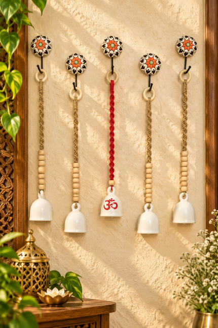 PunyaChakra Om Shanti Floral Harmony 5-Inch Ceramic Hanging Bell Set – Set of 5, Include Hooks