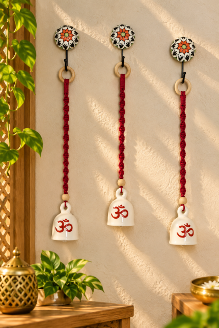 🪷 PunyaChakra “Divine Om Serenity” Ceramic Bell Wall Hanging – Set of 3 with Hooks Included