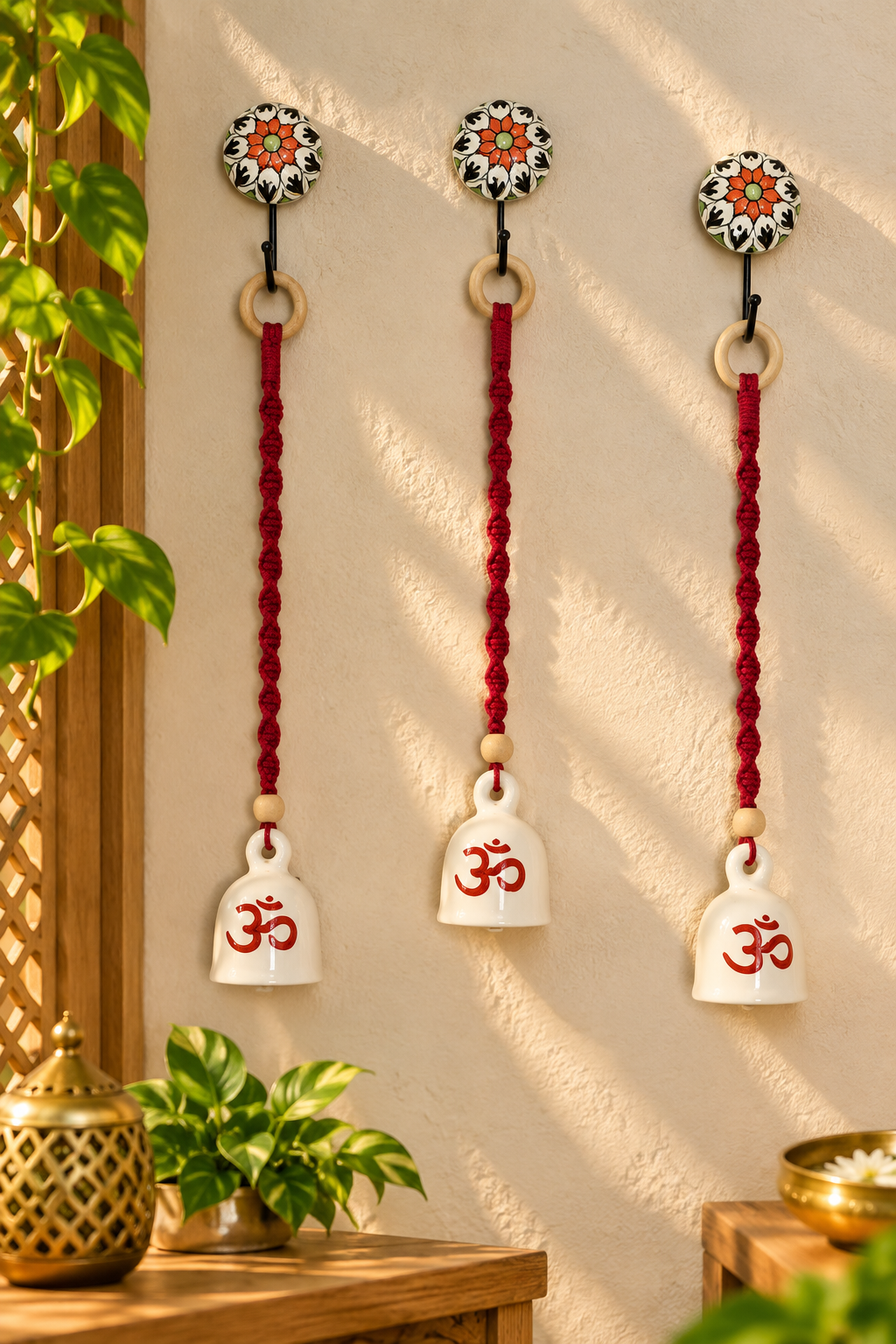 file_000000005fe48211977c9fc8bb0dcbd0 🪷 PunyaChakra “Divine Om Serenity” Ceramic Bell Wall Hanging – Set of 3 with Hooks Included - Image 1