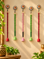 PunyaChakra Rangoli Harmony Ceramic Hanging Bell Set of 5 with Hooks