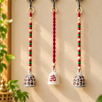 🌺 PunyaChakra “Divine Floral Harmony” Ceramic Bell Wall Hanging – Set of 3 with Hooks Included