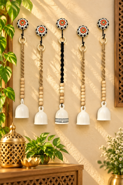 PunyaChakra Floral Serenity 5-Bell Wall Hanging Set with Hook