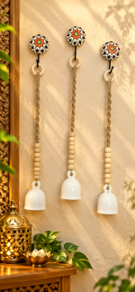PunyaChakra Floral Serenity 5-Inch Ceramic Bell Wall Hanging – Set of 3 with Hook