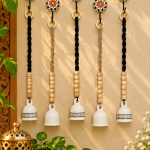 PunyaChakra Floral Harmony 5-Inch Ceramic Bell Wall Hanging – Set of 5 with Hook