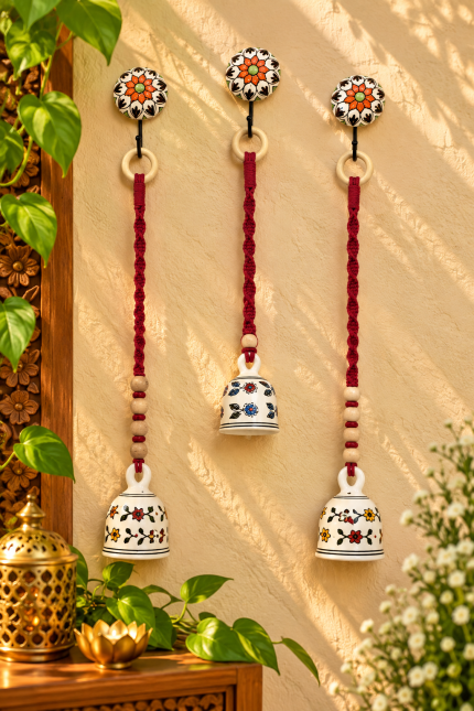 PunyaChakra Floral Heritage 5-Inch Ceramic Bell Wall Hanging – Set of 3 with Hook