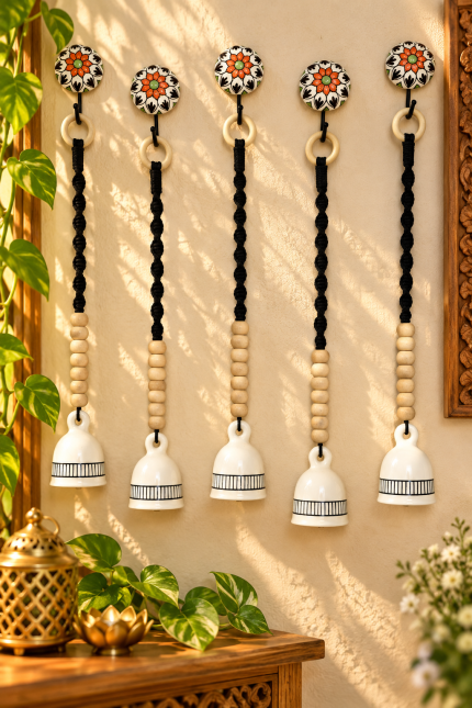 PunyaChakra Handcrafted Floral Ceramic Hanging Bell Set – Set of 5 with Hooks
